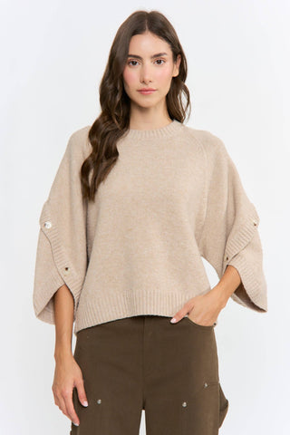Maren Button-Sleeve Relaxed Knit PulloverTopChayse Clothing
