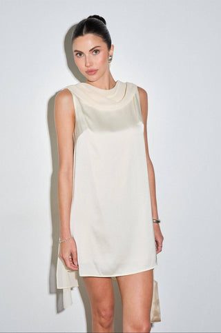 Maris Satin Cowl Neck Draped Back Shift Mini Dress in WhiteDressChayse Clothing