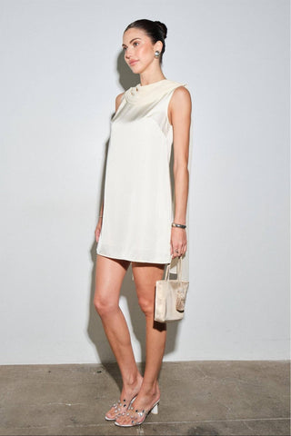 Maris Satin Cowl Neck Draped Back Shift Mini Dress in WhiteDressChayse Clothing