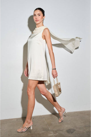 Maris Satin Cowl Neck Draped Back Shift Mini Dress in WhiteDressChayse Clothing