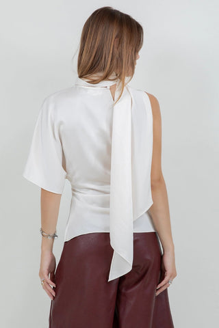 One Shoulder Asymmetrical Top with Self Scarf in CreamClothingChayse Clothing