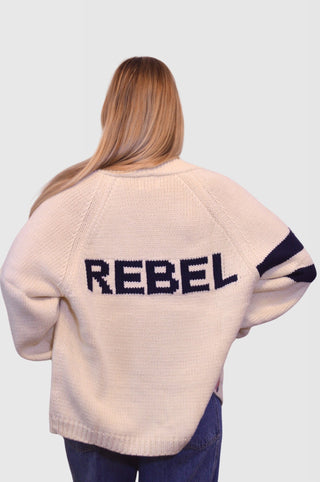 REBEL Chunky Knit Varsity Cardigan in Ivory & NavyClothingChayse Clothing