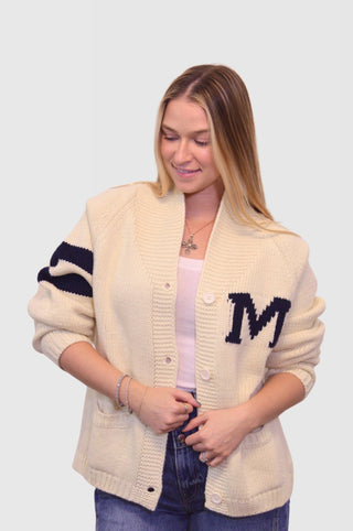 REBEL Chunky Knit Varsity Cardigan in Ivory & NavyClothingChayse Clothing
