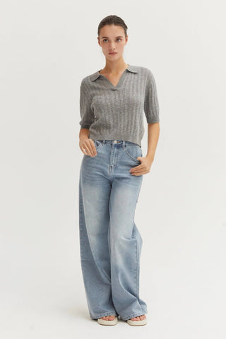 Robbie Pointelle Knit Polo Top in GreyClothingChayse Clothing