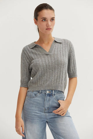 Robbie Pointelle Knit Polo Top in GreyClothingChayse Clothing