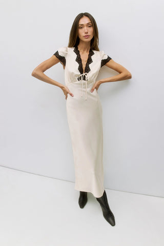Satin Midi Dress with Lace Trim in Cream & BlackDressChayse Clothing