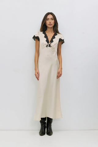 Satin Midi Dress with Lace Trim in Cream & BlackDressChayse Clothing