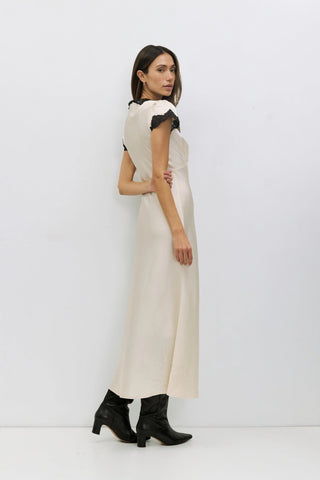 Satin Midi Dress with Lace Trim in Cream & BlackDressChayse Clothing