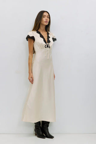 Satin Midi Dress with Lace Trim in Cream & BlackDressChayse Clothing