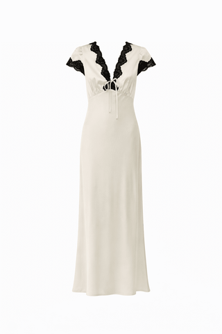 Satin Midi Dress with Lace Trim in Cream & BlackDressChayse Clothing