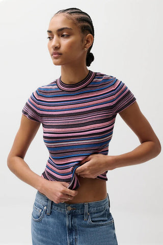 Selene Short Sleeve Sweater Tee in Multi StripeTopPISTOLA