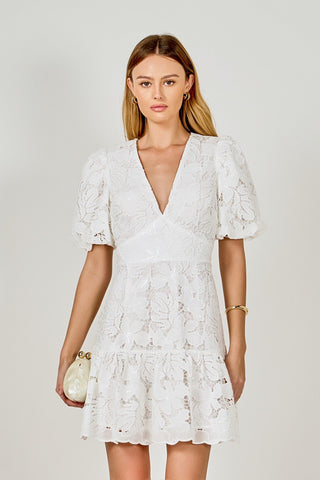 Sequins Lace Mini Dress with Blouson Sleeves and V NecklineDressChayse Clothing