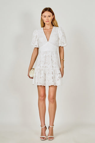 Sequins Lace Mini Dress with Blouson Sleeves and V NecklineDressChayse Clothing