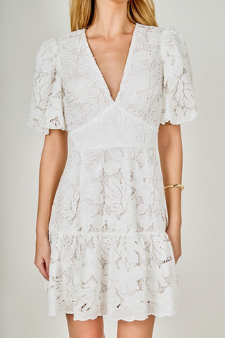 Sequins Lace Mini Dress with Blouson Sleeves and V NecklineDressChayse Clothing