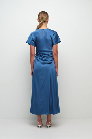 SIMKHAI Marabella Short Sleeve Draped Midi Dress in Washed Indigo BlueDressSIMKHAI