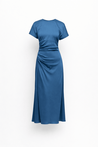 SIMKHAI Marabella Short Sleeve Draped Midi Dress in Washed Indigo BlueDressSIMKHAI