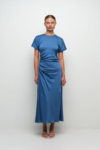 SIMKHAI Marabella Short Sleeve Draped Midi Dress in Washed Indigo BlueDressSIMKHAI