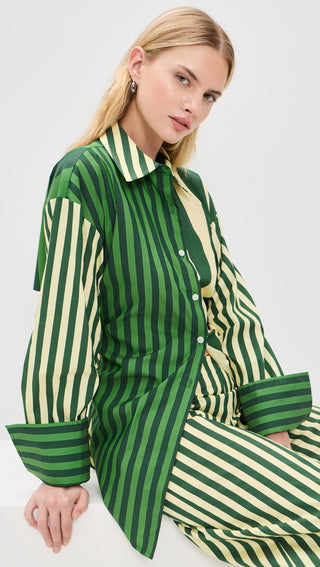 SIMON MILLER Loch Poplin Button Up Top in Green Striped ComboClothingSIMONMILLER