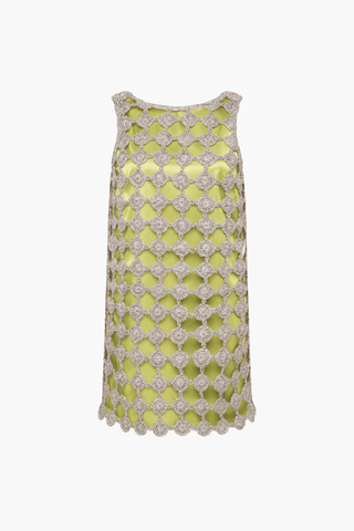 simon miller dress Simon Miller Sina Crochet Mini Dress in Moss Green & Satellite Silver – Chayse Clothing