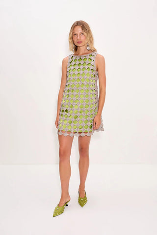 Sina Crochet Mini Dress in Moss Green & Satellite SilverDressSIMONMILLER