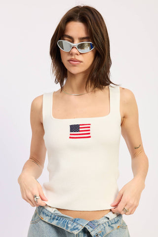 Squared Neck White Rib Tank with American FlagTopChayse Clothing