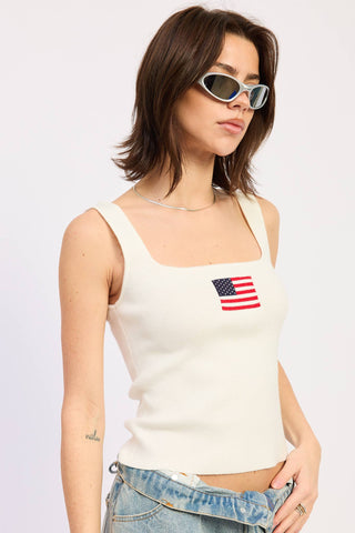 Squared Neck White Rib Tank with American FlagTopChayse Clothing