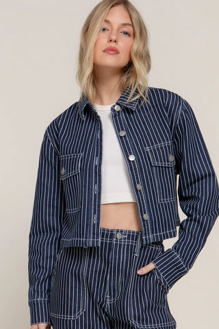 Striped Denim Short Jacket in Deep BlueOuterwearChayse Clothing