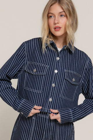 Striped Denim Short Jacket in Deep BlueOuterwearChayse Clothing