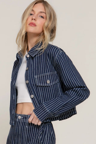 Striped Denim Short Jacket in Deep BlueOuterwearChayse Clothing