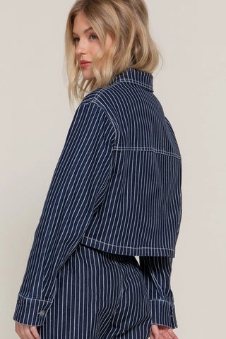 Striped Denim Short Jacket in Deep BlueOuterwearChayse Clothing