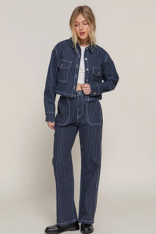 Striped Denim Short Jacket in Deep BlueOuterwearChayse Clothing