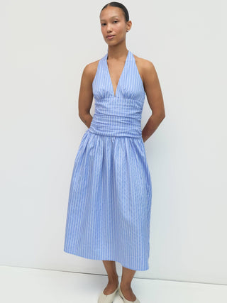 Striped Halter Ruched Waist Midi Dress in BlueDressChayse Clothing