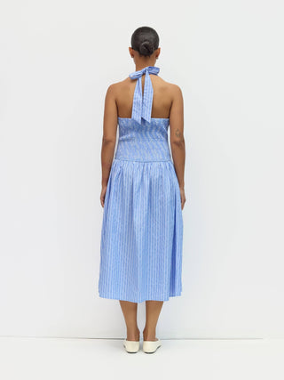 Striped Halter Ruched Waist Midi Dress in BlueDressChayse Clothing