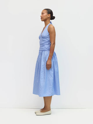 Striped Halter Ruched Waist Midi Dress in BlueDressChayse Clothing