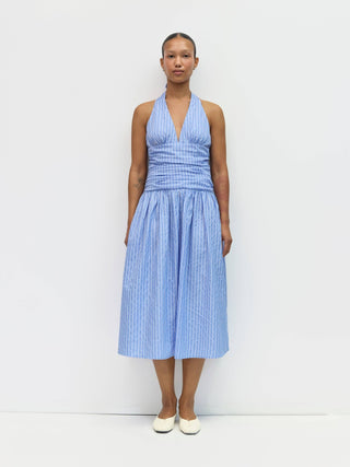 Striped Halter Ruched Waist Midi Dress in BlueDressChayse Clothing