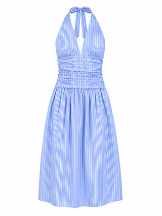 Striped Halter Ruched Waist Midi Dress in BlueDressChayse Clothing