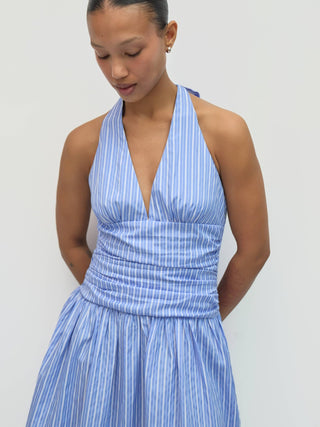 Striped Halter Ruched Waist Midi Dress in BlueDressChayse Clothing