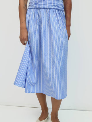 Striped Halter Ruched Waist Midi Dress in BlueDressChayse Clothing