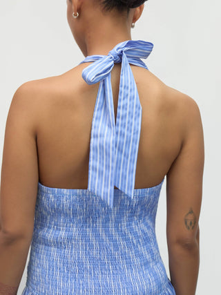 Striped Halter Ruched Waist Midi Dress in BlueDressChayse Clothing