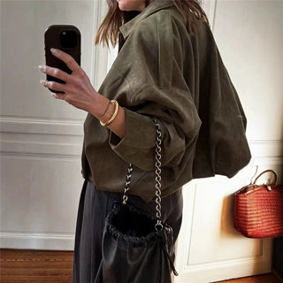 Suede Notch Collar Jacket in Army GreenOuterwearChayse Clothing