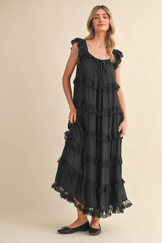 Tiered Lace-Trim Flowy Maxi Dress in BlackDressChayse Clothing