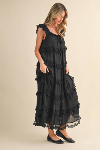 Tiered Lace-Trim Flowy Maxi Dress in BlackDressChayse Clothing