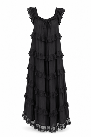 Tiered Lace-Trim Flowy Maxi Dress in BlackDressChayse Clothing