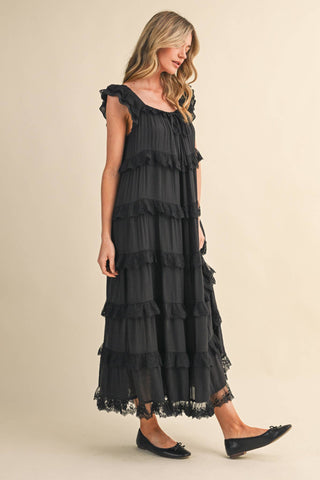 Tiered Lace-Trim Flowy Maxi Dress in BlackDressChayse Clothing
