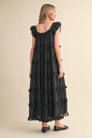 Tiered Lace-Trim Flowy Maxi Dress in BlackDressChayse Clothing
