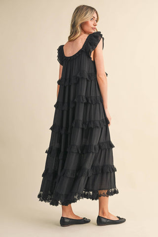 Tiered Lace-Trim Flowy Maxi Dress in BlackDressChayse Clothing