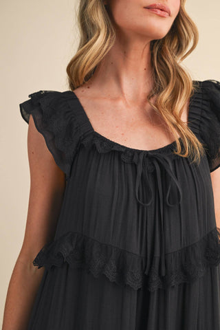 Tiered Lace-Trim Flowy Maxi Dress in BlackDressChayse Clothing