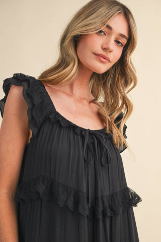 Tiered Lace-Trim Flowy Maxi Dress in BlackDressChayse Clothing
