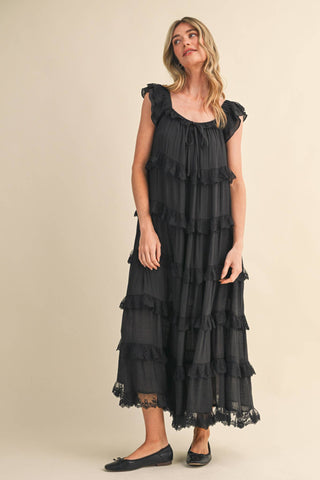 Tiered Lace-Trim Flowy Maxi Dress in BlackDressChayse Clothing