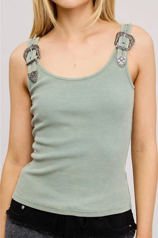 Western Silver Belt Trim Washed Ribbed Tank TopClothingChayse Clothing